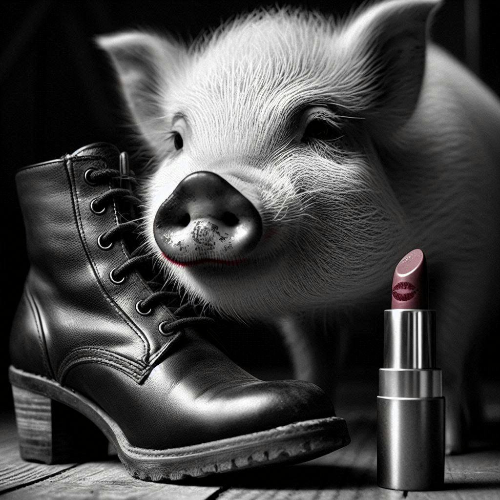 A pig wearing lipstick next to large black shoes.