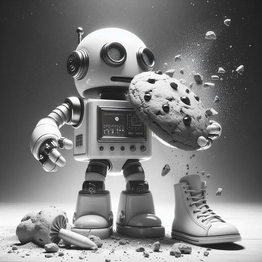 A robot eating cookies with crumbs spraying over a shoe.