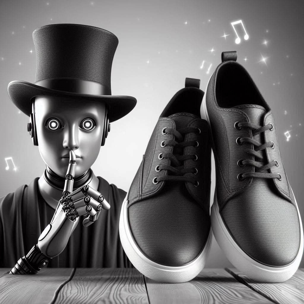 A robot with a magicians hat making a hushing motion with his fingers next to a pair of shoelaces.